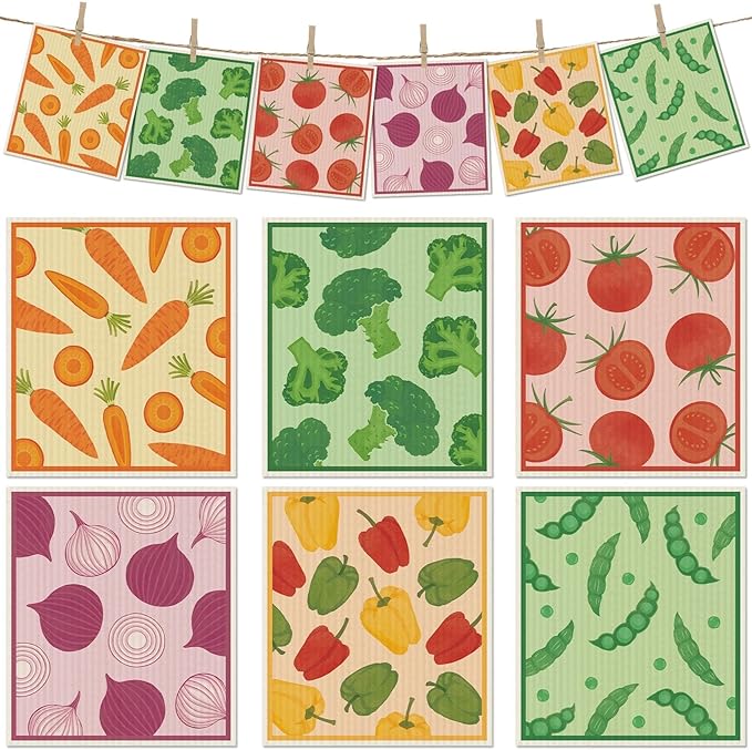 6 Packs Swedish Paper Cloths for Kitchen, Reusable Paper Towels Washable Dish Rags, Highly Absorbent Kitchen Towels Quick Drying Swedish Sponge Cleaning Dish Cloths (Vegetables)