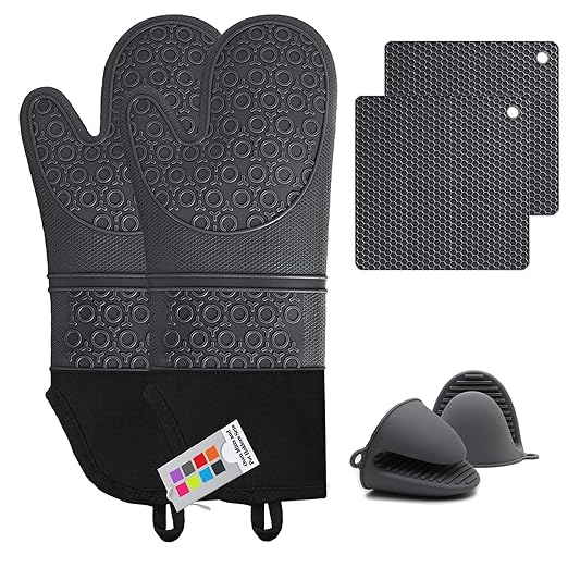 Silicone Oven Mitts and Pot Holders Sets, MTZRFLL Extra Long Heat Resistant Oven Gloves with Hot Pads and Mini Oven Mits Set for Kitchen Cooking Baking, Soft Quilted Lining, Pack of 6 (Gray)