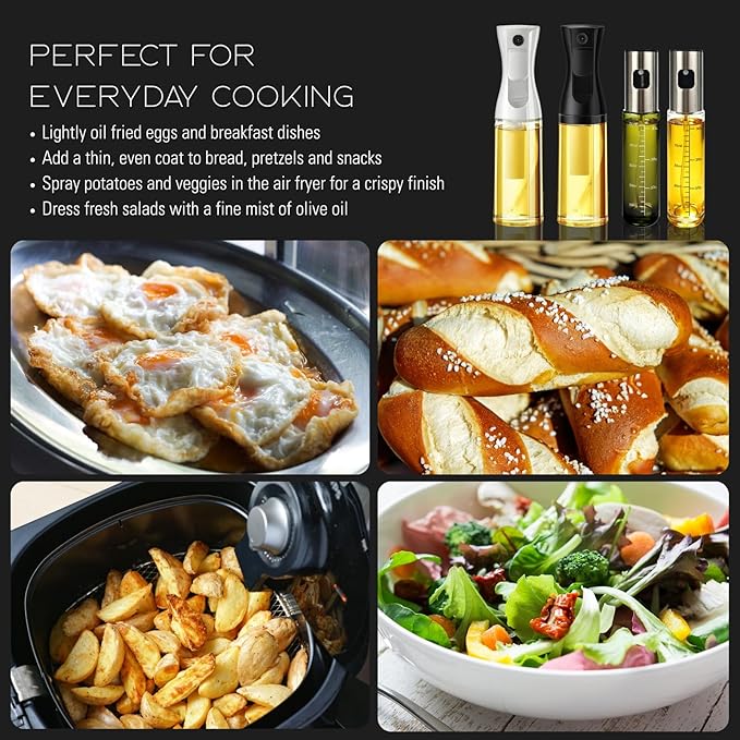 BOKKY Oil Sprayer for Cooking, 2 Pack 100ml Olive Oil Mister for Air Fryer, BBQ & Salad, Refillable 304 Stainless Steel Glass Bottles (Transparent / 2 Pack)