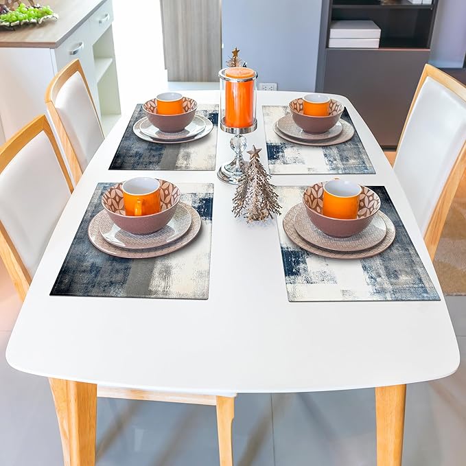 Blue and Gray Placemats Washable, Linen Rectangular Place Mats Set of 4, Dining Table Decor for Living Room, Kitchen, Farmhouse and Outdoor (White Gray, 12x18 Inch)