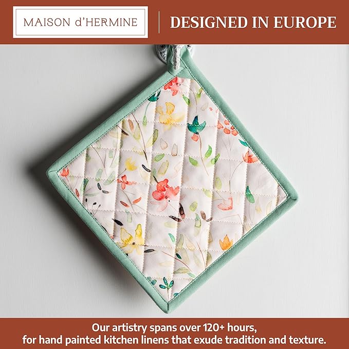 Maison d'Hermine Pot Holders 100% Cotton Heat Resistant Potholders 8" x 8" Hot Pads with Loop BBQ, Cooking, Baking, Grilling, Kitchen, Handling Hot Pans Spring/Summer (Pack of 1, Colmar)