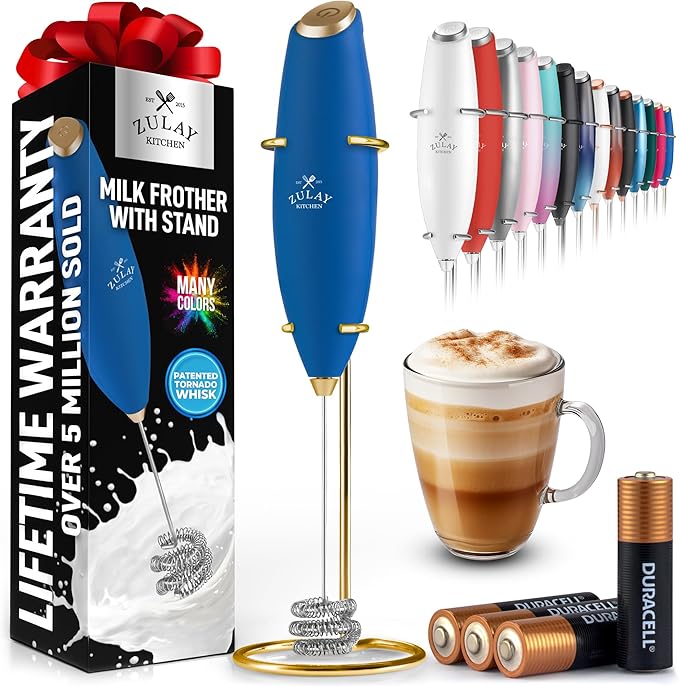 Zulay Kitchen Patented Tornado Triple Whisk Milk Frother with 4 Duracell Batteries – Handheld Foam Maker for Coffee, Lattes, Matcha & Hot Chocolate – Rich, Creamy Froth in Seconds - Navy Blue & Gold