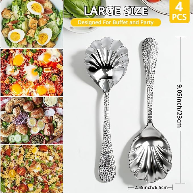 Serving Spoons 4Pack, Hammered Serving Spoons for Buffet 18/10 Stainless Steel Large Serving Spoons Set, Scalloped Design Serving Utensils for Party Catering Dinner Banquet Cooking(Silver)