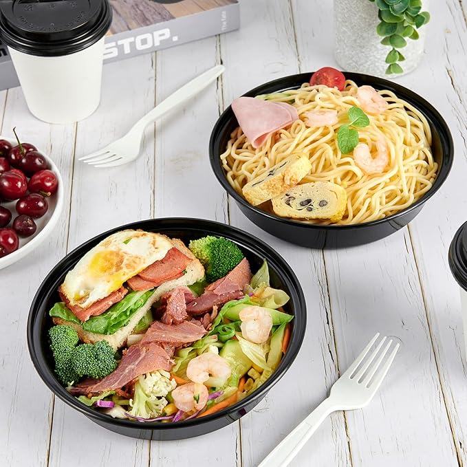 MUCHII 50 Pack Meal Prep Container, 24 oz Round Plastic Disposable Bowls with Lids, Food Microwave and Freezer Safe