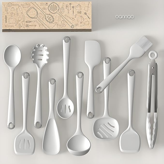 oannao Silicone Kitchen Utensils Set, 600°F Heat Resistant Silicone Cooking Utensils, Spatula, Spoon, Whisk, Tongs, Kitchen Gadgets for Nonstick Cookware, Dishwasher Safe BPA Free (Cream White)