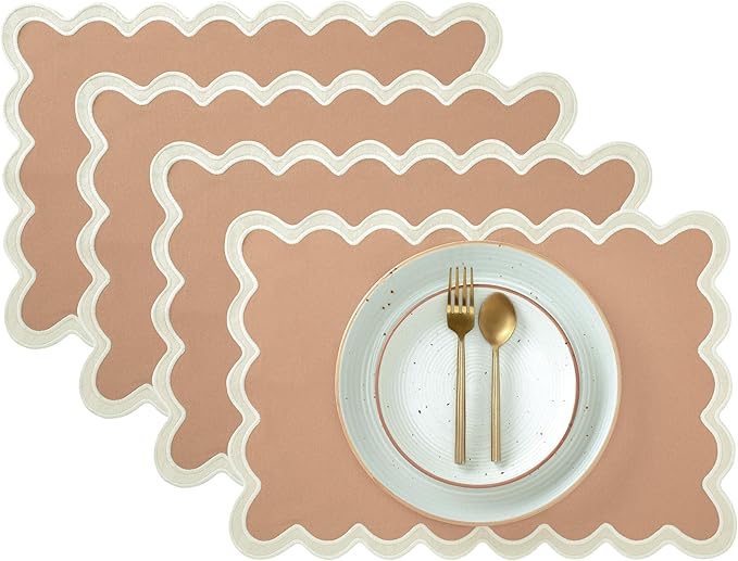 Folkulture Placemats Set of 4 | (13 x 19) 100% Cotton Rustic Place Mats | Heat Resistant Table Mats for Dining Table Decor | Boho Placemats, Scalloped Kitchen Mats or Table Placemats (Sand)