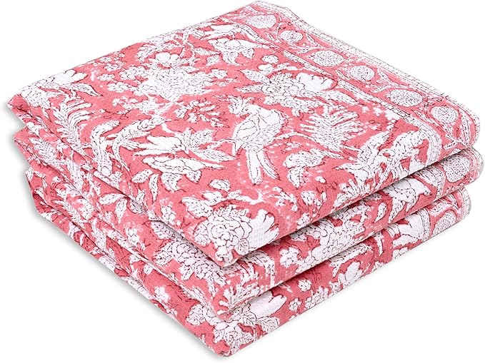 CPC Coral Pink Hand Block Print Waffle Kitchen Towel Set of 3-16 x 28 Inch Ultra Absorbent Quick Dry Cotton Dish Towels Lightweight Reusable Sustainable Tea Towels for Cleaning and Drying