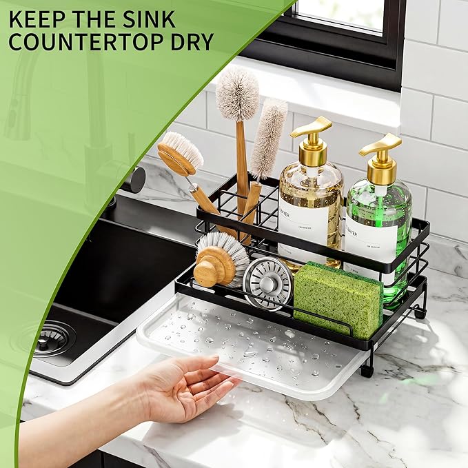 Cisily Large Black Sponge Holder for Kitchen, Sink Caddy Sink Organizer Rack for Kitchen Accessories with Drip Tray, Rustproof and Non-slip, Soap Dispenser Countertop Organizer Essentials for New Home