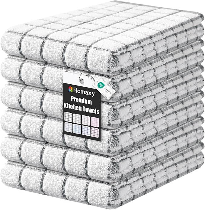 Homaxy Premium Kitchen Towels(16”x 28”, 6 Pack), Large Ring Spun Cotton Dish Towels, Super Absorbent Soft Terry Kitchen Hand Towels, Check Design Tea Towel Set with Hanging Loop, Grey