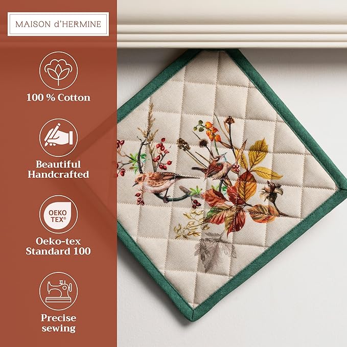 Maison d' Hermine Pot Holders Set 100% Cotton Heat Resistant Potholders 8" x 8" Hot Pads with Loop for Thanksgiving Christmas Decorations BBQ Cooking Baking Handling Hot Pans (Pack of 2, Recolte)