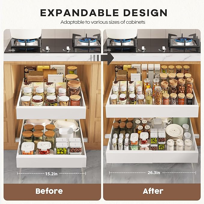 Seinloes 4 Pack Pull Out Cabinet Organizers 21" Deep With Raising Pad for Framed Cabinets, Expandable Width (15.2"-26.3") Slide Out Drawers Upgrade 3 Slide Rails, Roll Out Shelves Adhesive, White
