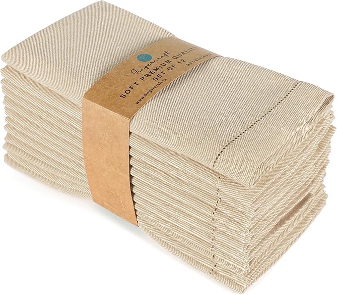 Fingercraft Cloth Napkins, Dual Color Hemstitched Design Dinner Napkins, Everyday Use,Premium Quality Cotton Napkins Perfect for Parties Dinners Weddings Christmas Set of 12, 20 inch Ivory White