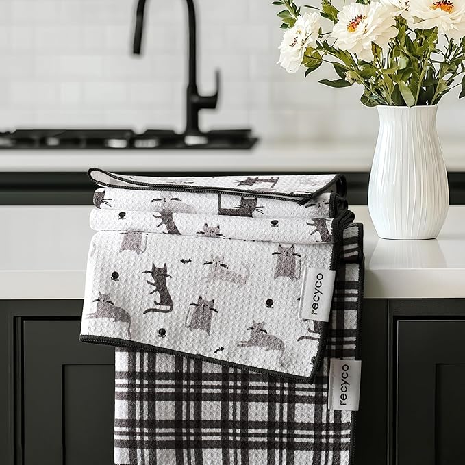RECYCO Waffle Kitchen Towel Set of 2 - Quick Dry Microfiber Sustainable Dish Towels - Absorbent Reusable Cleaning Tea Towels - Lightweight Hand Towels,16”x 28”, Shadow Meow
