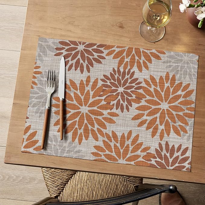 Artoid Mode Floral Vinyl Fall Placemats Set of 4, 12x18 Inch Thanksgiving Vintage Washable Non-Slip Plastic Place Mats for Party Kitchen Dining Decor, Orange