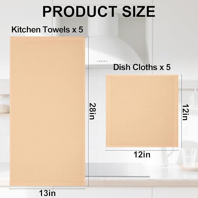 Homaxy 100% Cotton Kitchen Towels and Dishcloths Set, 12 x 12 Inches and 13 x 28 Inches, Set of 10 Bulk Kitchen Towels Set, Ultra Soft Absorbent Dish Cloths for Washing Dishes, Apricot