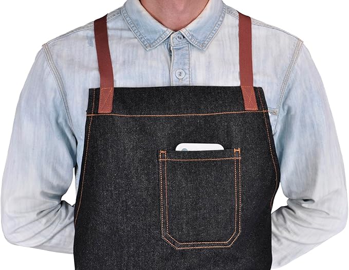 Cooking Apron with Pockets Mens Womens Professional Kitchen Bib Apron for Chef Grill BBQ (Black Denim with Cross Back Straps)