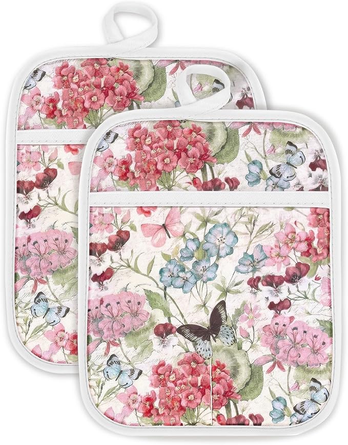 Swooflia 100% Cotton Pot Holders 2 Pack Set for Kitchen with Pockets - Cute 440°F Heat Resistant Oven Hot Pads Heavy Duty for Countertop Home Cooking Baking Microwave BBQ Butterfly Floral