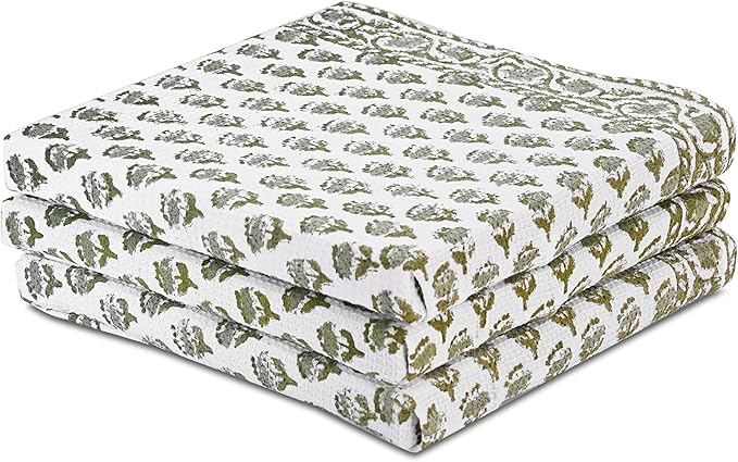 CPC Emerald Green Hand Block Print Waffle Kitchen Towel Set of 3-16 x28 Ultra Absorbent Quick Dry 100% Cotton Dish Towels Lightweight Reusable Sustainable Tea Towels for Cleaning and Drying