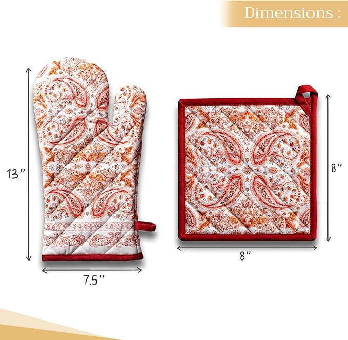 Maison d' Hermine 100% Cotton Oven Mitt & Pot Holder Set (7.5"x13" & 8"x8") Heat Resistant BBQ Cooking Gloves with Loop for Thanksgiving Christmas Decorations Handling Hot Pans (Orient)