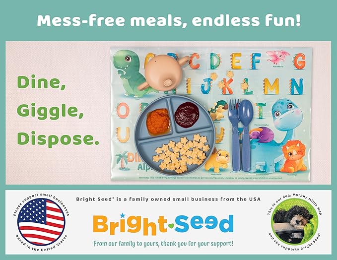 Bright Seed Disposable Placemats for Baby, Toddlers and Kids, 40 Disposable Baby Placemats for Restaurant, Dining Table & Travel, Learning Placemats for Kids, Toddler Travel, Dinosaurs ABC & Numbers