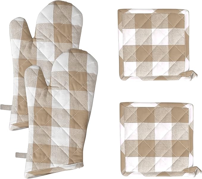 Native Fab Buffalo Plaid Check Oven Mitts and Pot Holders Set of 4, 100% Cotton Heat Resistant Kitchen Gloves, 2 Oven Mitts (7x13), 2 Pot Holders (8x8) for Cooking & Baking, Beige White