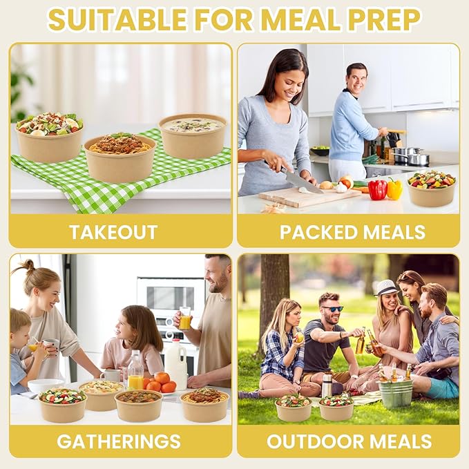 50 Count 34 oz Disposable Meal Prep Containers with Lids, Soup Serving Bowls Disposable Paper Bowls | Microwave-Safe | for Party, Takeout, Gatherings, Outdoor Meals