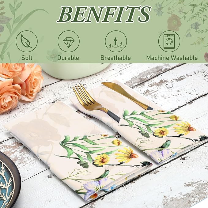 FuWeave Set of 12 Spring Butterfly Cloth Napkins Washable Decorative Dinner Cocktail Floral Napkins 20'' x 20'' Tea Party Decor for Easter Day Summer Bridal Shower Birthday Wedding Kitchen Supplies