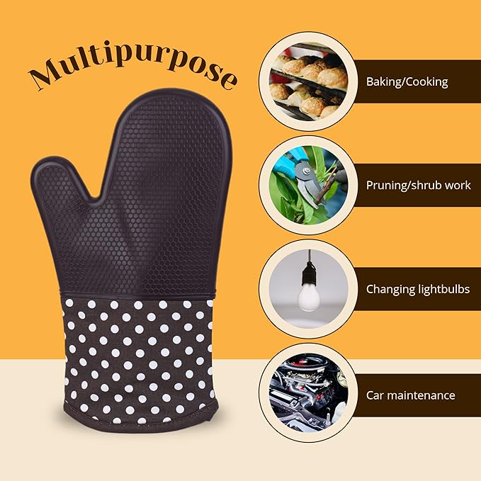 Amruta Pair of Silicone Shell Oven Mitts, 2 Pieces Heavy Duty Baking Kitchen Mitts for BBQ Microwave Stove, Heat-Resistant up to 500F, Oven Glove with Silicone Textured Grip (13 x 7.5 in, Coffee)
