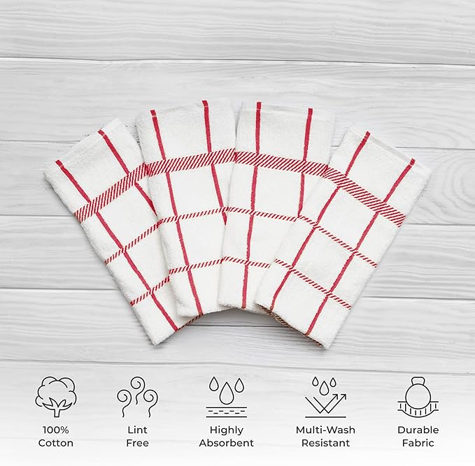 100% Cotton Terry Dish Cloth & Dish Towel (RED, Dish Towel - 4 Pack(Checks))