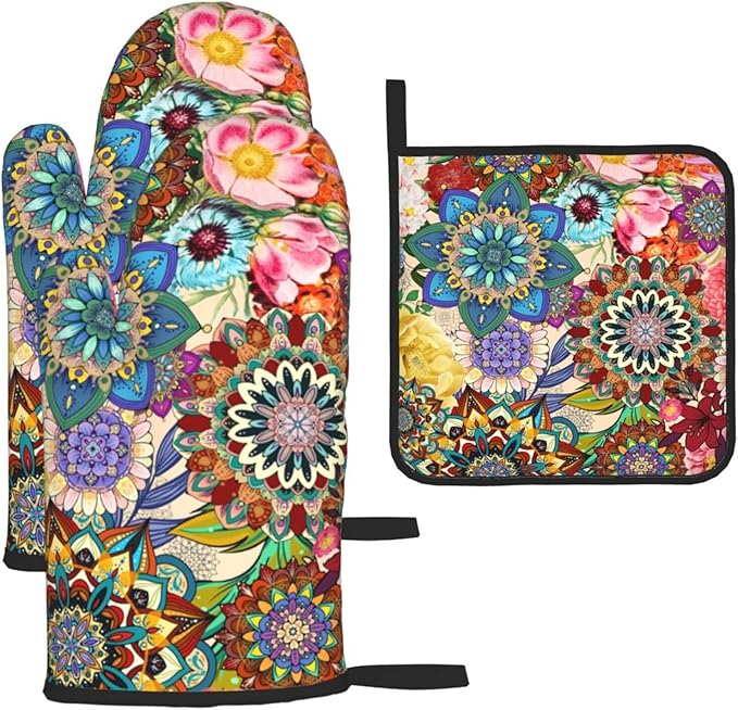 Boho Floral Oven Mitts and Pot Holders Sets, Heat Resistant Colorful Kitchen Gloves Hot Pads, Cute Baker Stuff, Chef Cooking Baking Gifts for Women Bakers, Kitchen Gifts for Cooking Lover Cooks Mom