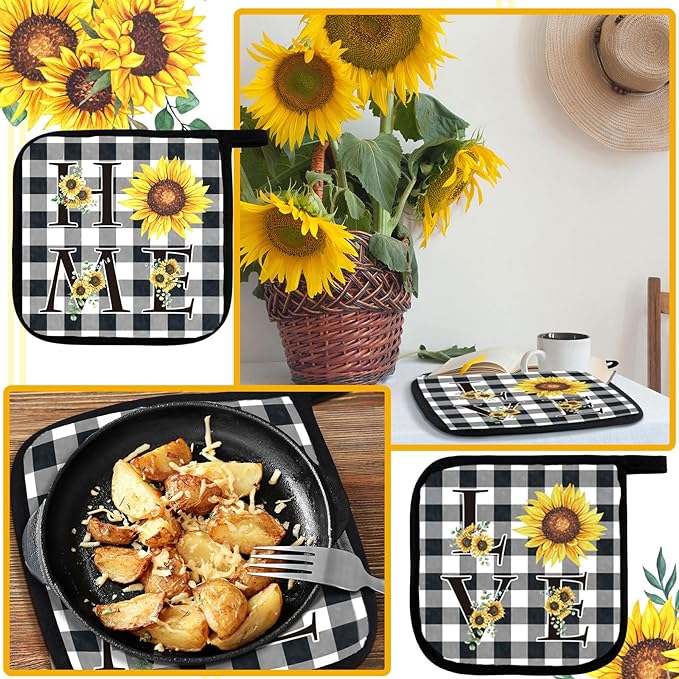 Bencailor 6 Pcs Spring Kitchen Decor Sunflower Pot Holders and Oven Mitts Sets Yellow Kitchen Towel 2 Farmhouse Cooking Mittens for Cooking Grilling Supply Accessories(Yellow,Sunflower)
