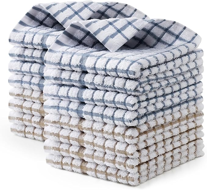 Egles 16 Packs Kitchen Dishcloths, 100% Cotton Grid Terry Dish Cloths 12" x 12" Ultra Soft Super Absorbent Dishrag Reusable Dishcloth, Multi-Purpose Quick Drying Hand Dish Towel Set with Hanging Loop