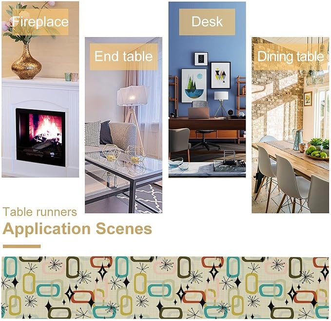 Mid Century Table RunnerRetro Atomic Boho Abstract Geometric Art Printed Dinner Runner for Home Kitchen Dining Table Decor Fabric 1 Panel W13xL60in