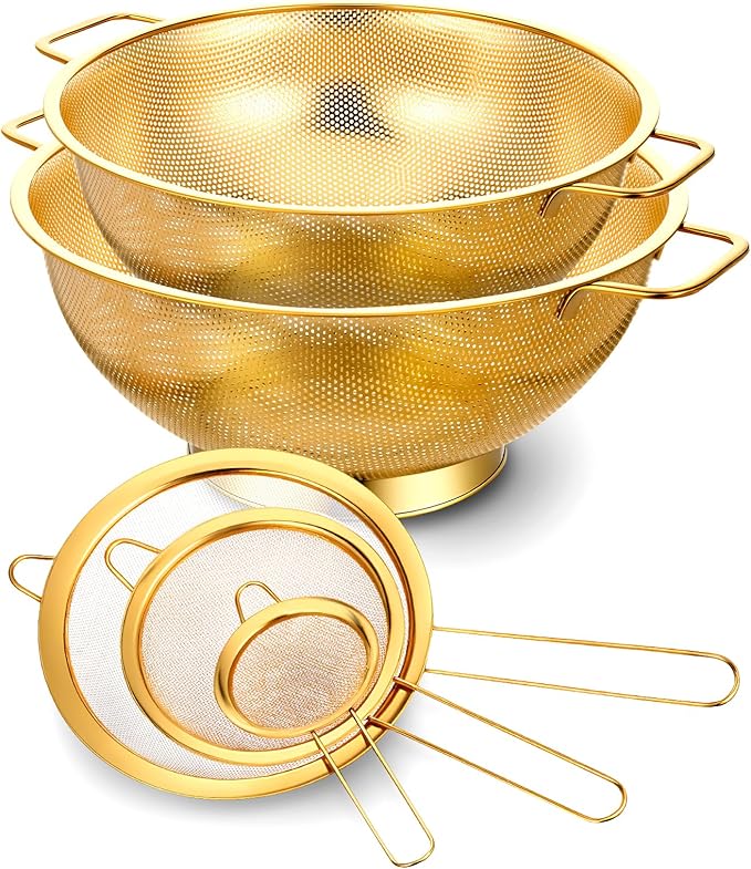 Strainers and Colanders Set, 2 PCS Stainless Steel Colander and 3 PCS Fine Mesh Strainer Gold Metal Pasta Rice Colanders & Food Strainers with Handles for Kitchen, Dishwasher Safe (5 Quart+4 Quart)