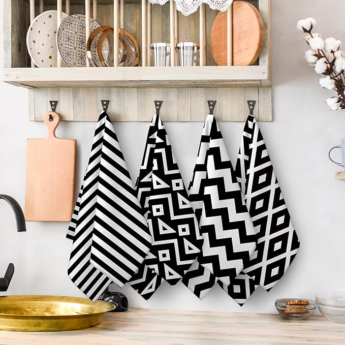 White Black Kitchen Towels Decorative Set of 4, Soft Absorbent Abstract Modern Dish Towels for Drying Dishes, Hand Drying Baking Cooking Cloth for Kitchen Bathroom Farmhouse Home Decor