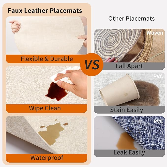 Maxpearl Round Placemats Set of 6, 13.8 inch Faux Leather Heat Resistant Table Mats, Non Slip Waterproof Wipeable Place Mats for Kitchen Dining Holiday Party Table Settings, Beige