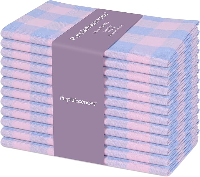PurpleEssences Buffalo Plaid Cloth Napkins - Mitered Corners - Spring Easter Summer - Gingham Check Dinner Napkin - Set of 12-100% Cotton - 18x18 Inch - Reusable Washable - Light Blue and Blush Pink