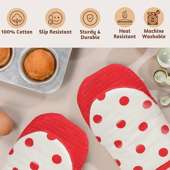 Folkulture Oven Mitts - Set of 2 (5.75"x9") | Polka Red Oven Mitts with Hanging Loop for Cooking Gifts, Kitchen Decor| 100% Cotton, Silicone Heat Resistant Mini Mitts for Kitchen Essentials