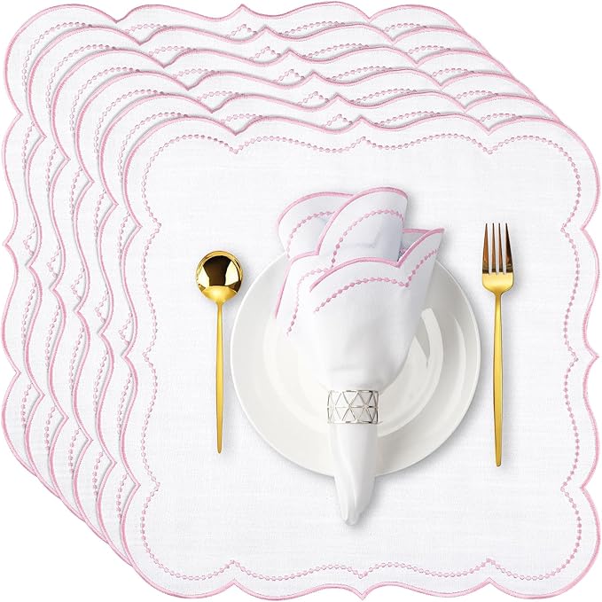 Hahafelt 6 Set Cloth Napkins 18x18inches Scalloped Embroidery Cloth Napkins Washable Polyester Table Dinner for Hotel Restaurant Weddings Events Parties (Light Pink)