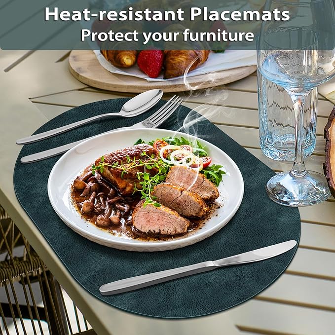 ADRIMER Placemats, Heat Resistant Oval Placemats Set of 8 Washable 12 x 17 Inch, Waterproof Table Mats, Wipeable Pu Place Mats for Kitchen, Dining Room, Dark Blue