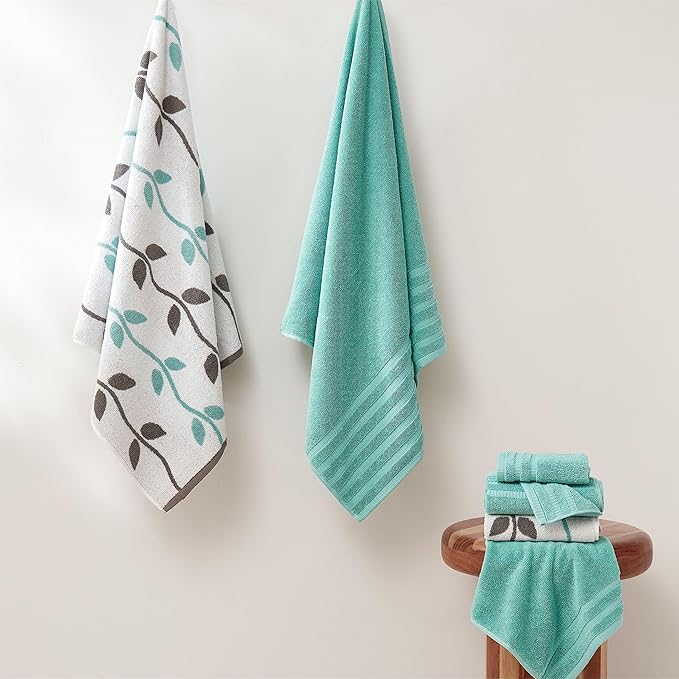 Modern Threads Natural Vine 6-Piece 100% Cotton Towel Set – Yarn Dyed Jacquard – Includes 2 Bath Towels, 2 Hand Towels, 2 Washcloths – Absorbent, Quick Dry, Soft & Durable – Aqua