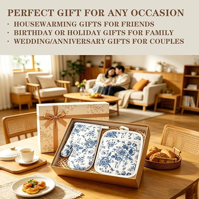 AnyDesign 4Pcs Blue Porcelain Floral Oven Mitts and Pot Holders Set Heat Resistant Non-Slip Potholders Chinoiserie Flower Kitchen Oven Gloves with Hot Pads for Cooking Baking