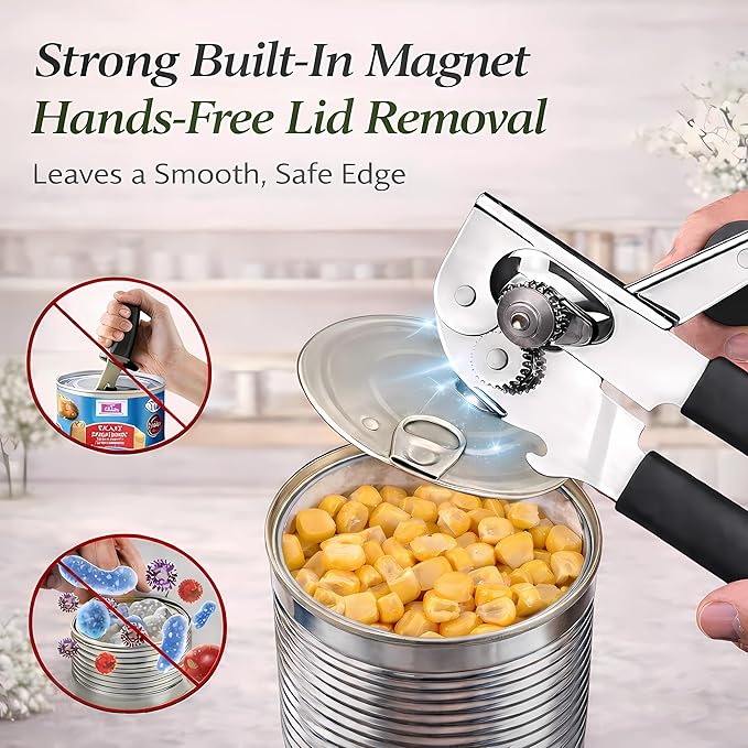 Commercial Can Opener, Heavy Duty Manual Can Opener for Large Cans, Hand Crank Can Opener with Magnetic Lid Lifter, Stainless Steel with Bottle Opener