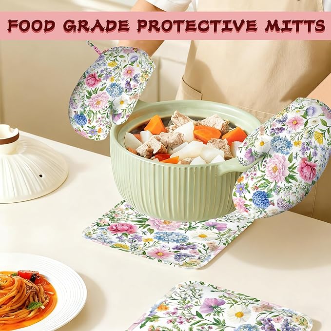 Watercolor Floral Oven Mitts and Pot Holders (4PCS),Wildflowers Heat Resistant Non-Slip Silicone Kitchen Gloves for Cooking, Baking, BBQ Waterproof Kitchen Accessories