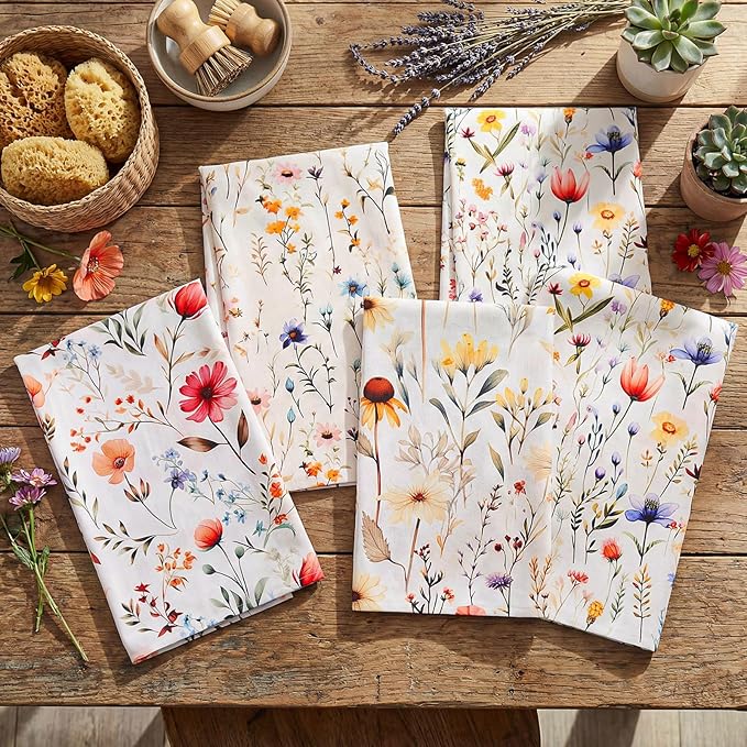 HunnmingRe Wildflower Floral Flour Sack Towels - Set of 6 Spring Flour Kitchen Towels Large 28 x 27 Inch Reusable Versatile Cotton Cloths Bathroom Decor Housewarming Gift, Vintage Flower(Vintage)