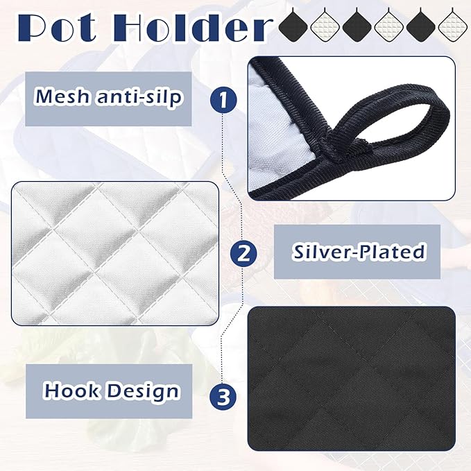 Bokon 12 Pcs Pot Holders for Kitchen, Black Potholders Sets, Heat Resistant Cotton Hot Pad Oven Mitts Trivet with Hanging Loops for Baking Cooking