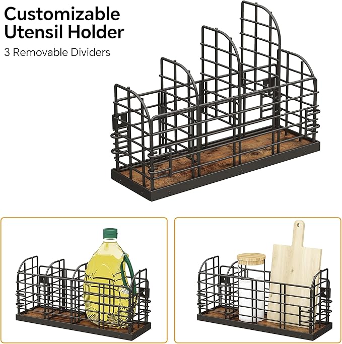 Large Utensil Holder for Kitchen Counter, Wall Mounted Cooking Utensil Holder with 4 Adjustable Compartments, Countertop Caddy, Kitchen Organizer for Countertop, Pantry, Party, Rustic Black and Brown