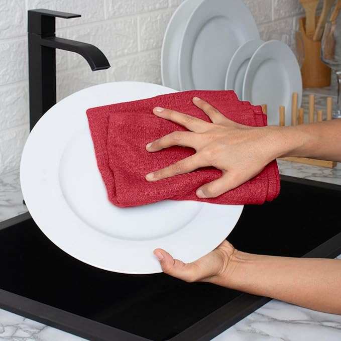 Blue Needles Waffle Weave Kitchen Towels, 15x25 Inches 100% Cotton Set of 6 Dish Cloths for Kitchen, Ultra Soft & Absorbent with Hanging Loop, Dish Rags for Quick Drying, Assorted - Burgundy