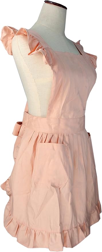 Retro Adjustable Ruffle Apron Kitchen Cooking Baking Cleaning Maid Costume (Pale Peach)