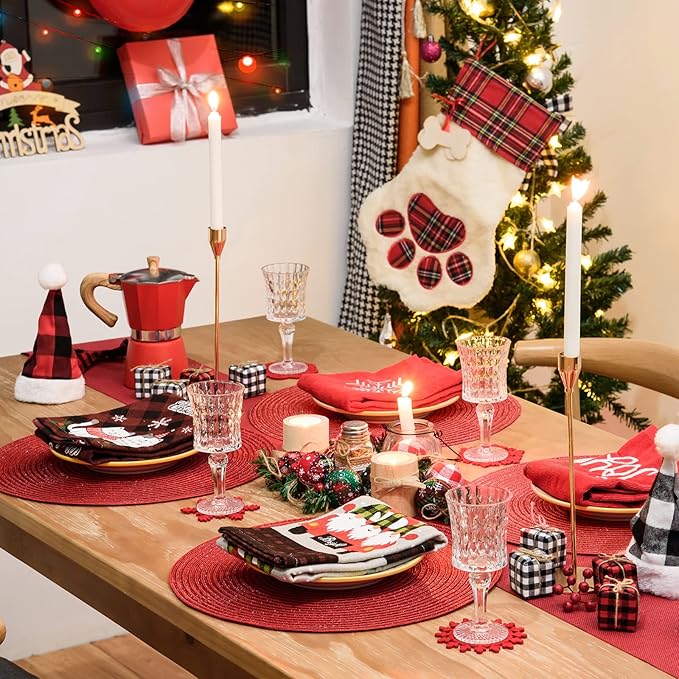 FunWheat Round Braided Placemats Set of 6 Table Mats for Dining Tables Woven Washable Non-Slip Place mats for Decoration(Shining Red, 6pcs)